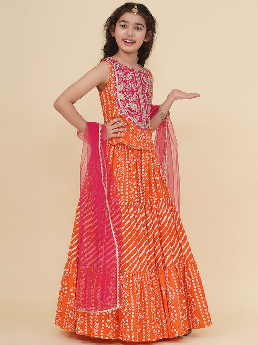 Girls Boho Design Pink Embroidered Choli Orange Bandhej Leheriya Ready to Wear Lehenga With Dupatta