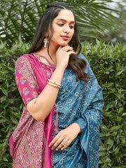 Women's Silk Blend Blue Digital Print Celebrity Saree With Blouse Piece