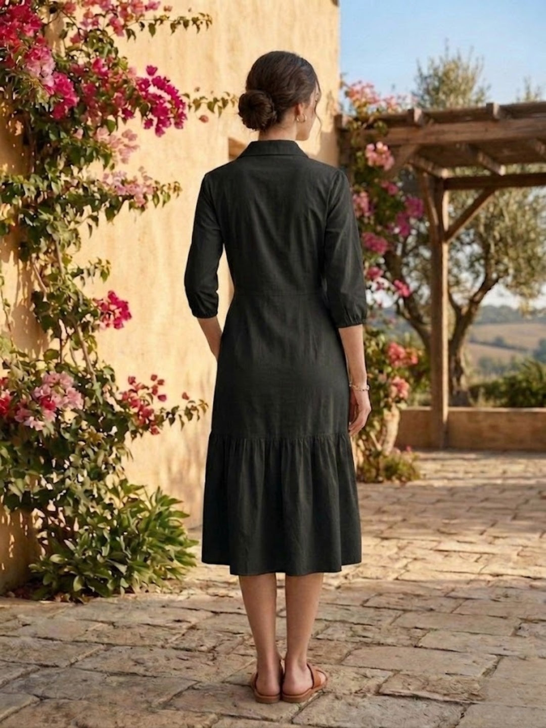 Black Embroidered Cotton Shirt Dress-ADR-22015