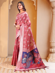 Floral Linen Cotton Saree with Zari Border & Digital Printed Pallu - Elegant Sari for Festive Occasions
