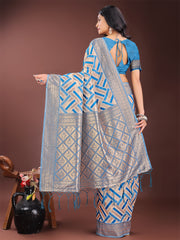 Elegant Pink & Cream Linen Saree with Geometric Design and Zari Border – Festive & Party Wear