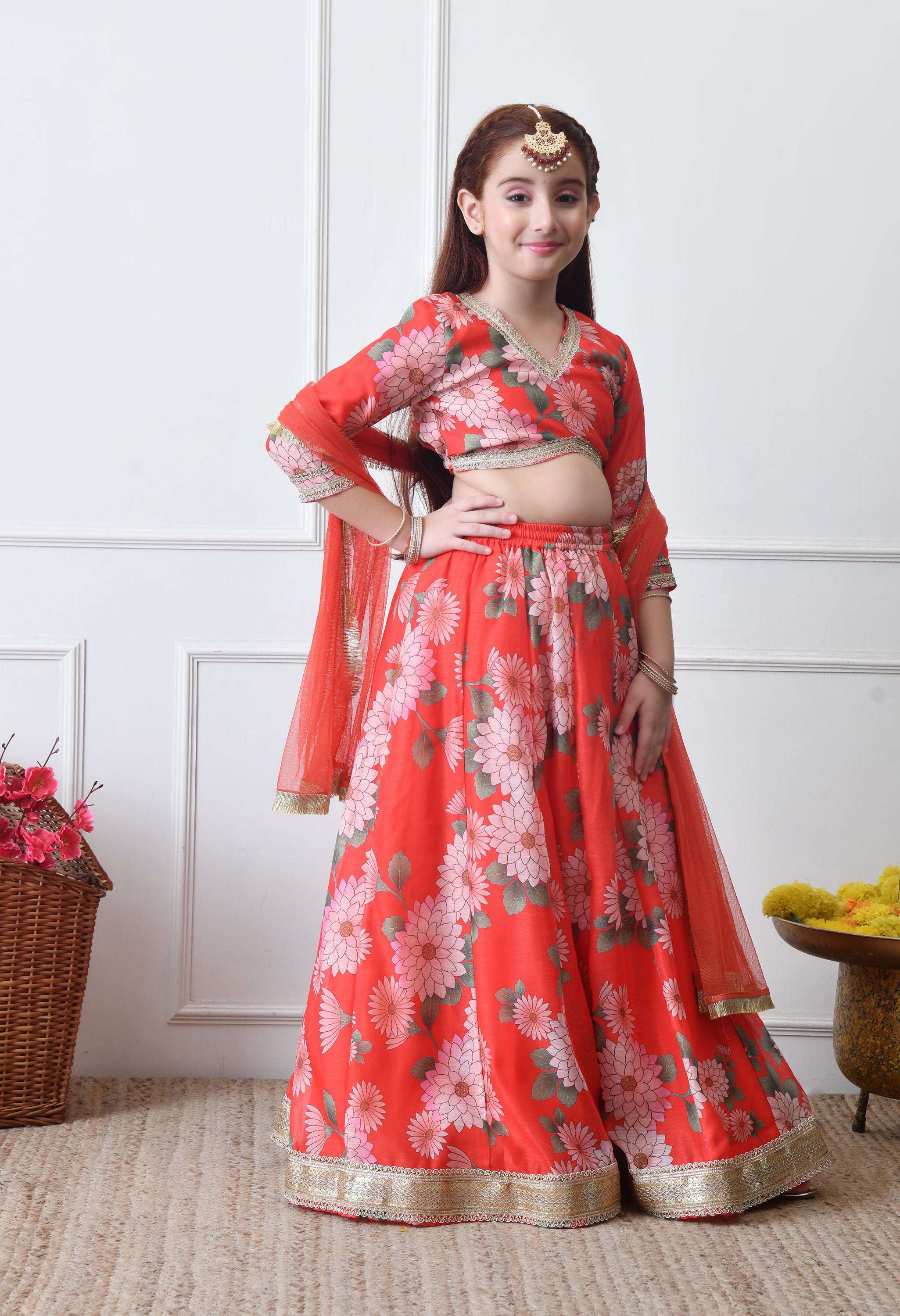 Girls Red Floral Printed Lehenga Choli Set with Net Dupatta