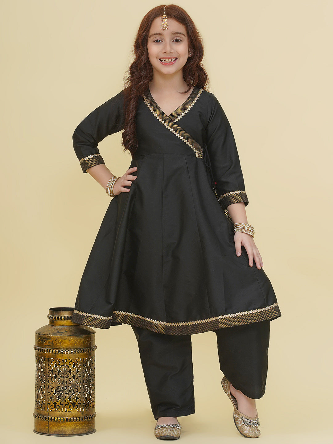Girls Black Angrakha Kurta with Trousers