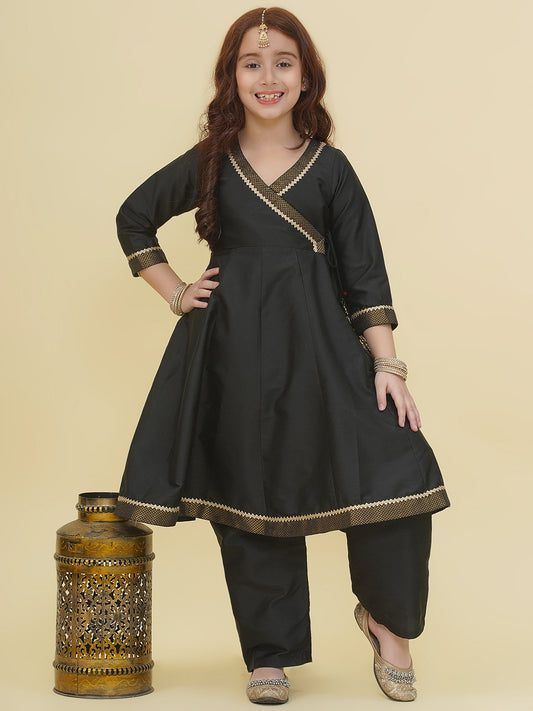 Girls Black Angrakha Kurta with Trousers