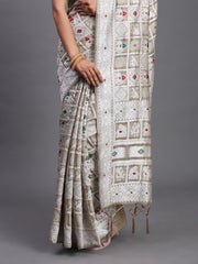 Sky Blue Linen Cotton Saree with Multicolor Elephant & Temple Motifs – Traditional Woven Pallu & Tassels