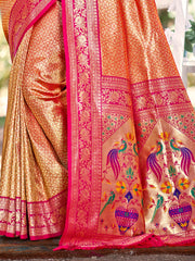 Traditional Yellow Kanjivaram Silk Saree with Rich Red Border and Peacock Pallu Design