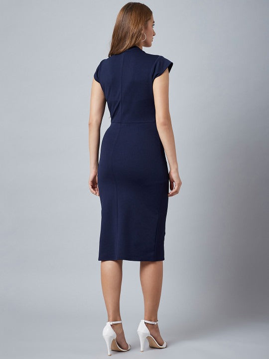 Women Navy Blue Solid Sheath Dress