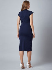 Women Navy Blue Solid Sheath Dress