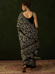 ساري نسائي أسود مطبوع من حرير بهجالبوري مع قطعة بلوزة