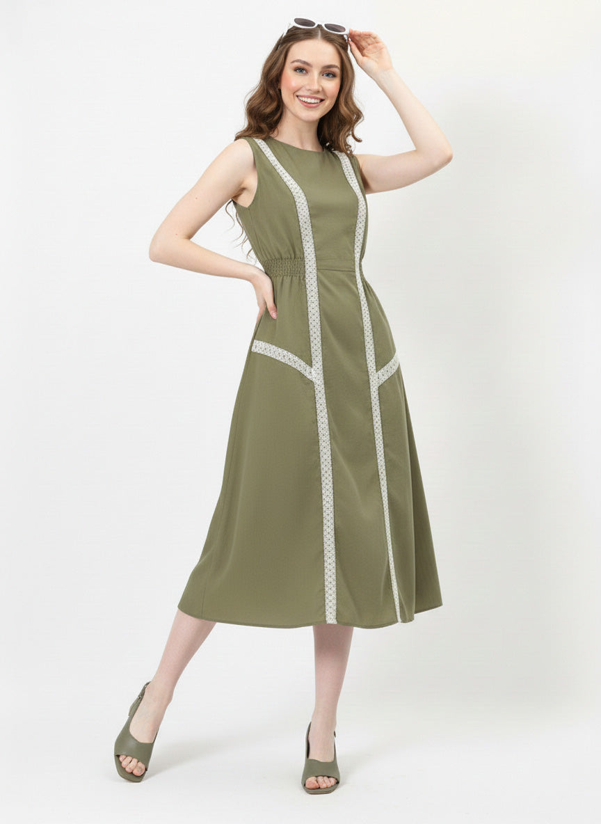 Olive Pure Cotton Smocked Lace Dress-ADR-19732