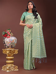Elegant Light Green Linen Saree with Silver Zari Butta & Pallu – Daily Wear | Festive Look | Soft Feel