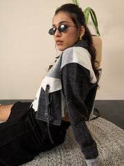 Women's Black  Denim Crop Jacket with Color Blocking patchwork detail