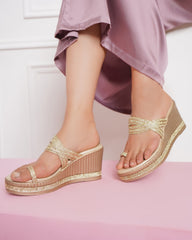 Gold Casual Wedge Open Back 3 inches Wedge Heels