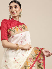 Women's Silk Blend White Printed Designer Saree With Blouse Piece