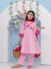 Girls Pink Embroidered Angrakha Kurta with Trousers with dupatta