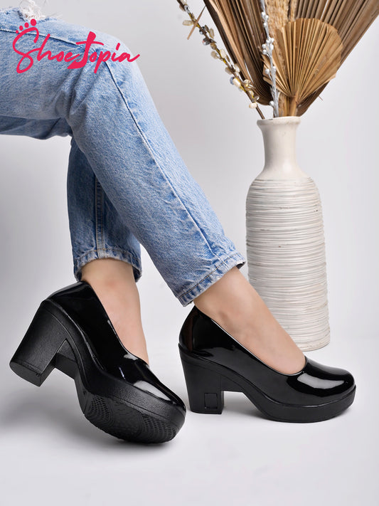 حذاء Shoetopia بكعب أسود سادة للنساء والفتيات