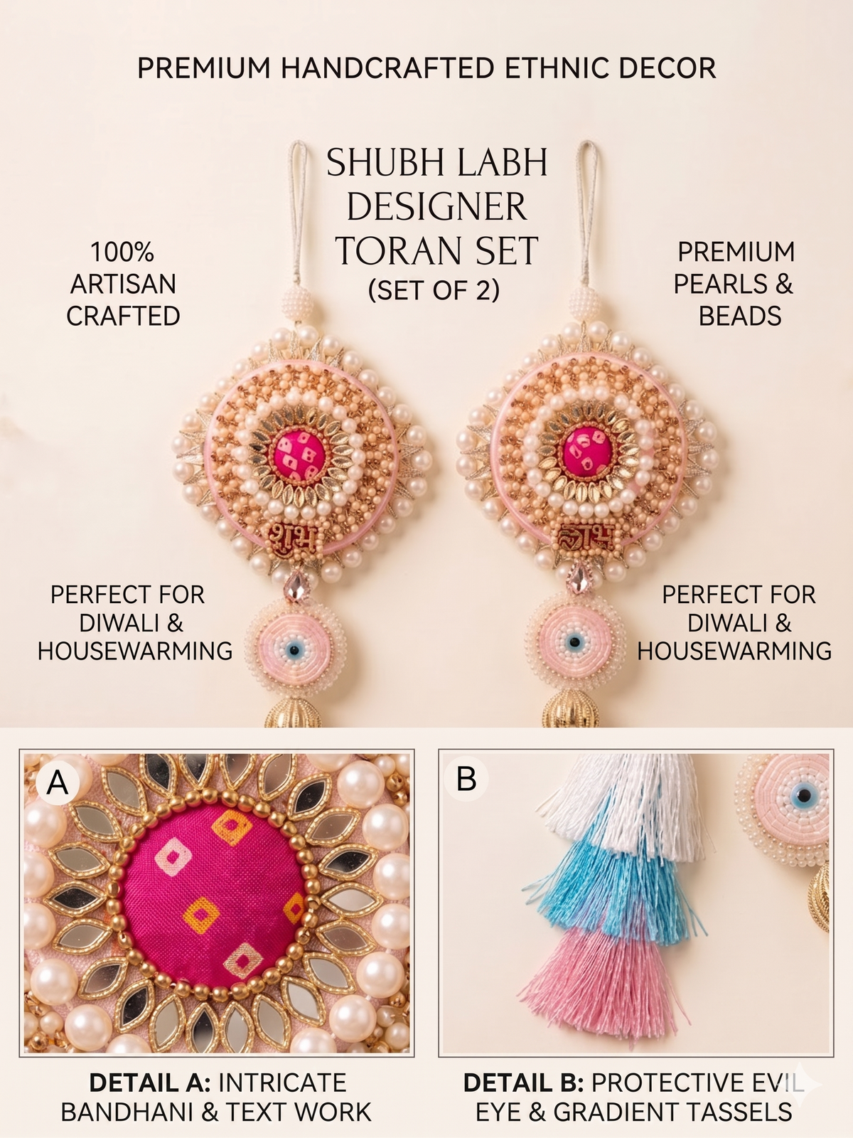 Shubh Shringar Creations- Shubh Labh Designer Hanging Set, Pastel Pink & Blue, Premium Beads & Kundan, Silk Tassels, 34 cm, Set of 2