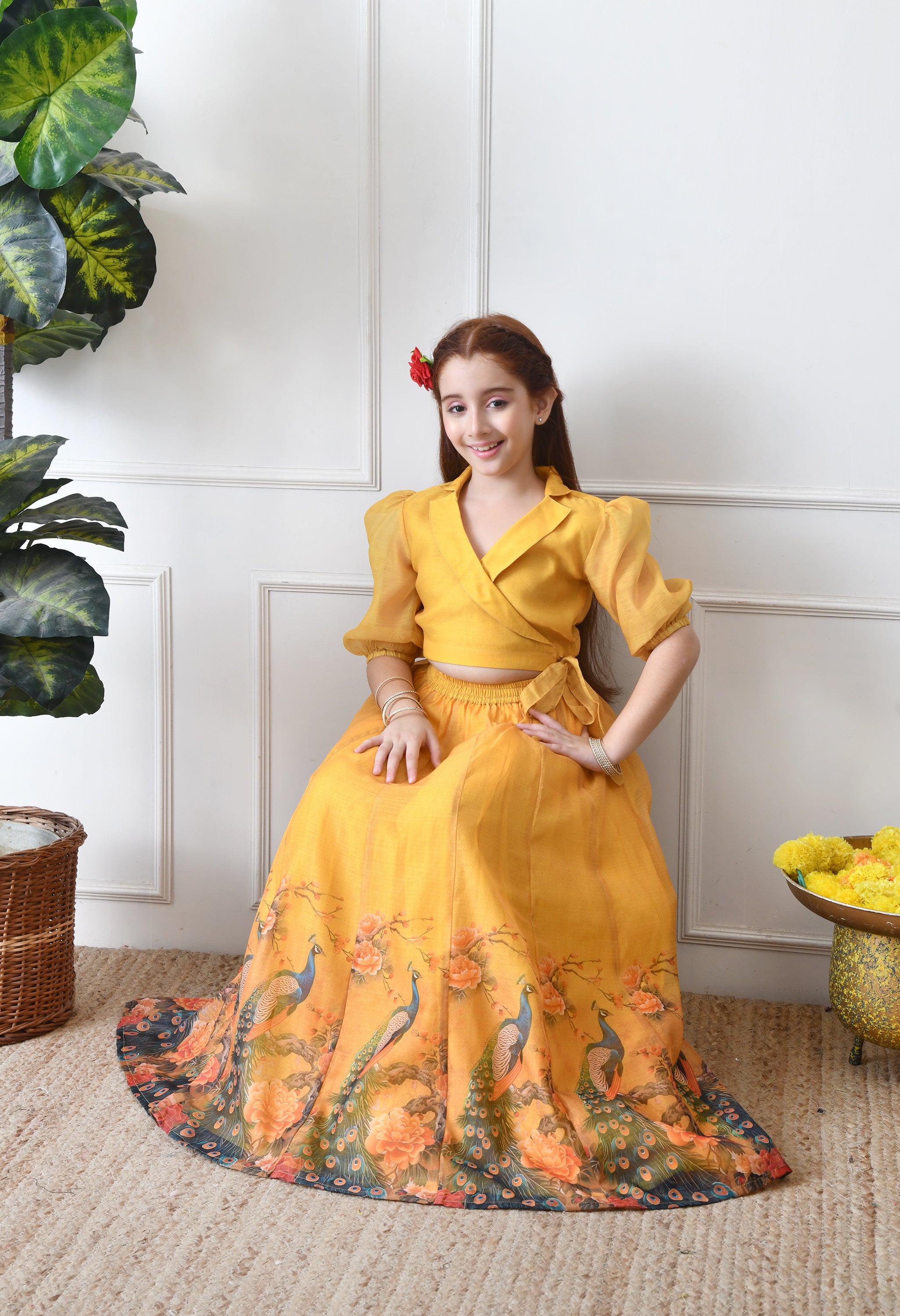 Girls Yellow Peacock Print Lehenga Set with Puff Sleeve Blouse