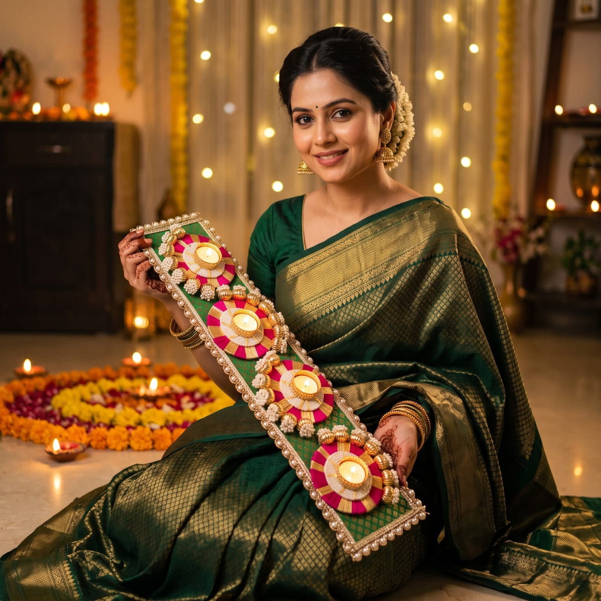 Handcrafted festive T-light/diya table runner