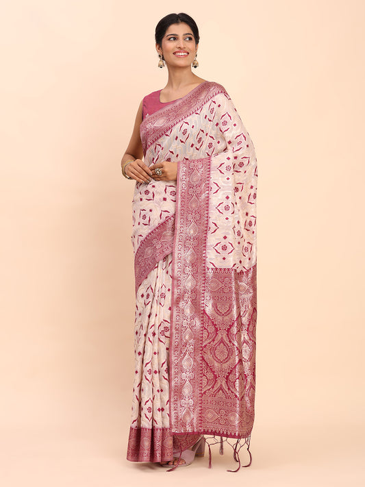 Premium Cream Linen Cotton Saree with Purple Pallu & Contrast Blouse Piece