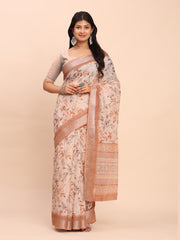 Soft Linen Cotton Saree for Women with Blouse | Elegant Cream Beige Saree with Peach Floral Print & Subtle Zari Border | Lightweight Daily & Festive Wear