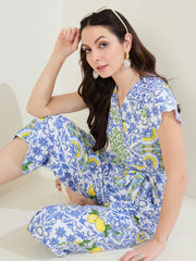 Women's Blue Rayon Porcelain Printed Jumpsuit