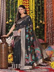 Cream Linen Cotton Saree with Bold Peacock Pallu – Elegant Zari Border Saree for Festive & Party Wear | Lightweight & Soft Fabric