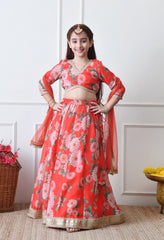 Girls Red Floral Printed Lehenga Choli Set with Net Dupatta