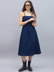 Women's Denim Midi Dress with Shoulder straps