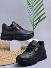 Shoetopia Lace-up Detail Black Chunky Sneakers For Women & Girls