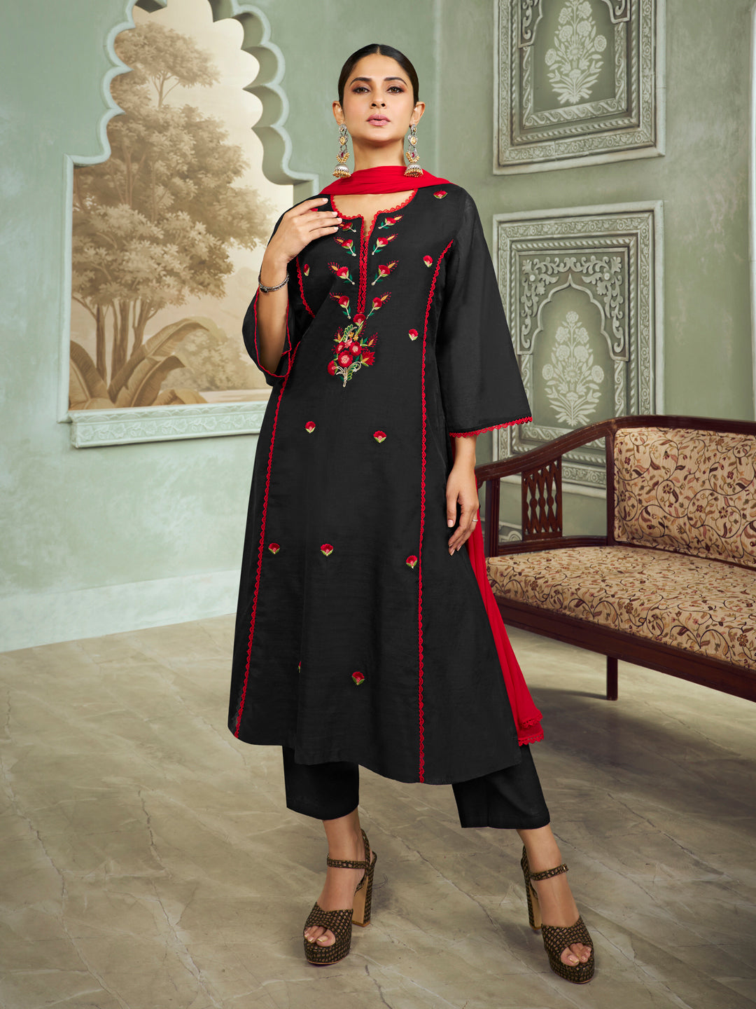Black Floral Embroidery Straight Kurta Set With Printed Dupatta