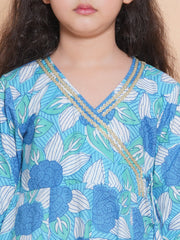 Girls Blue Floral Printed Angrakha Kurta with Sharara