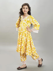 Girls yellow Angrakha Kurta with Trousers