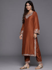 Women Rust Embroidered Straight Kurta With Bottom And Dupatta