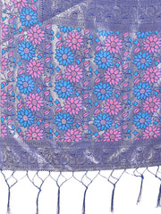 Premium Pink & Sky Blue Floral Woven Lichi Silk Saree with Rich Pallu & Tassels – Festive & Party Wear for Women