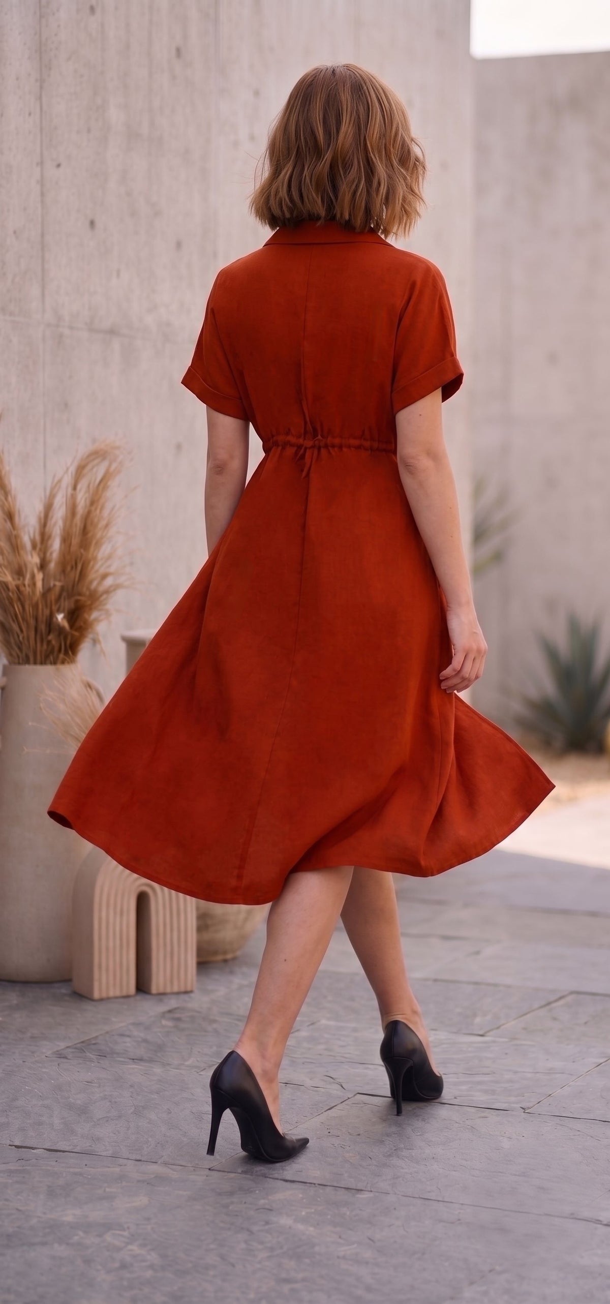 Rust Lapel Collar Embellished Dress-ADR-21218
