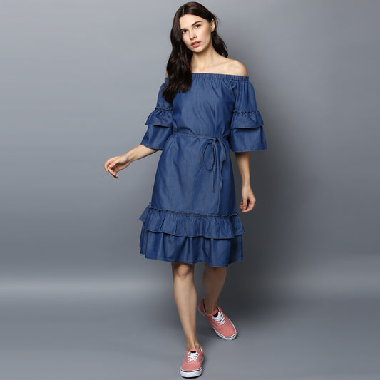 Women's Denim Off Shoulder Tier Sleeve Dress