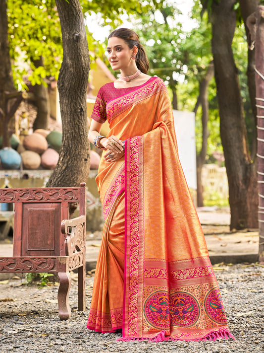 Traditional Kanjivaram Silk Saree in Orange with Grand Zari Pallu and Matching Blouse
