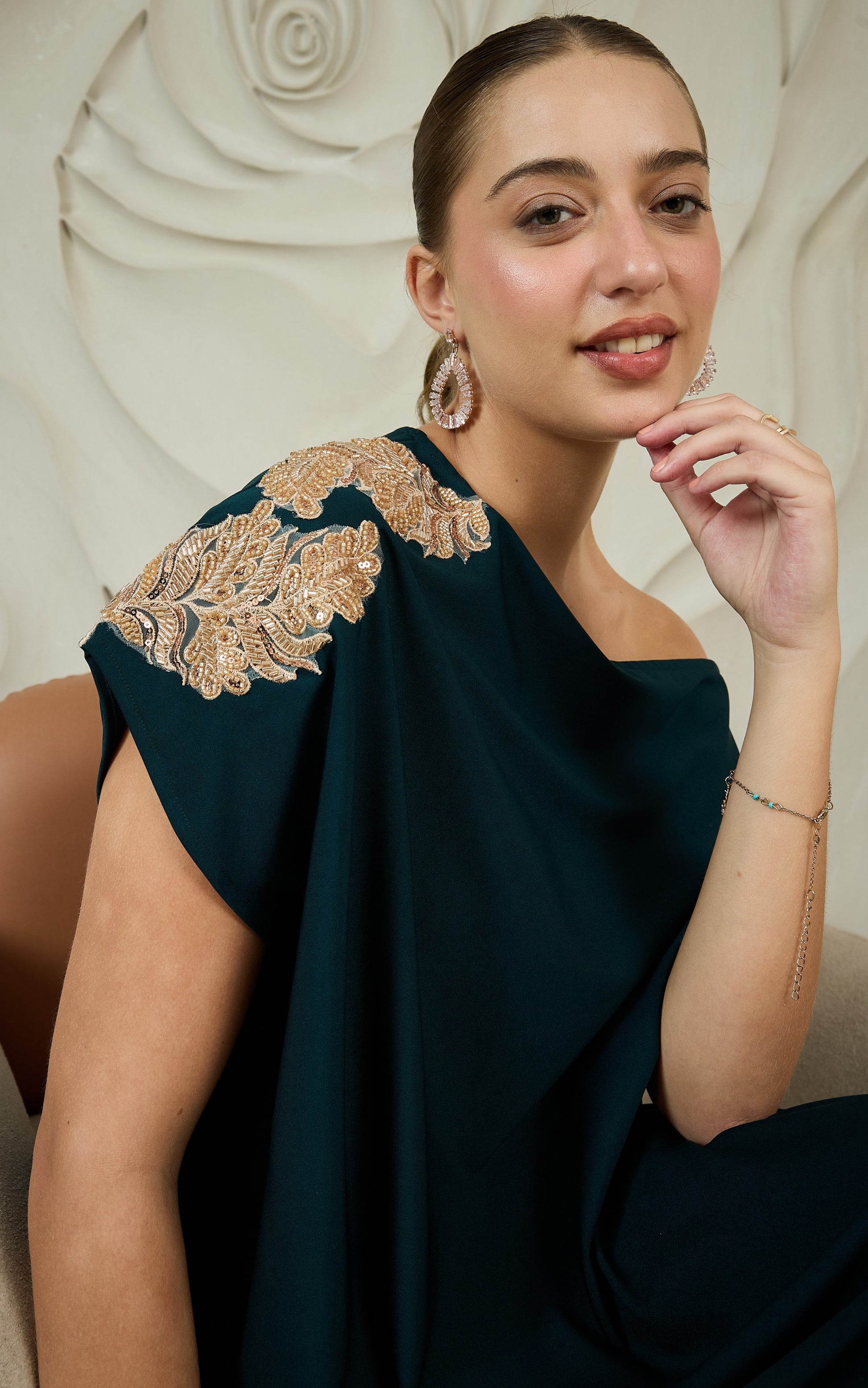 Embellished One-Shoulder Kaftan Maxi Dress