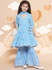 Placement Print Three-Fourth Sleeves Above Knee Length Cotton Kurta & Sharara With Dupatta - Blue