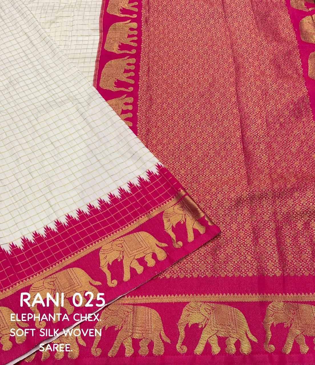 sift silk saree with zari woven chex and with elephant border and rich pallu.Cotton tasslels on pallu.