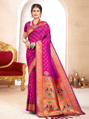 Pink Kanjivaram Silk Saree with Golden Zari and Colorful Peacock Woven Pallu Design