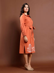 Bohemian Embroidered Puff Sleeve Shirt Midi Dress