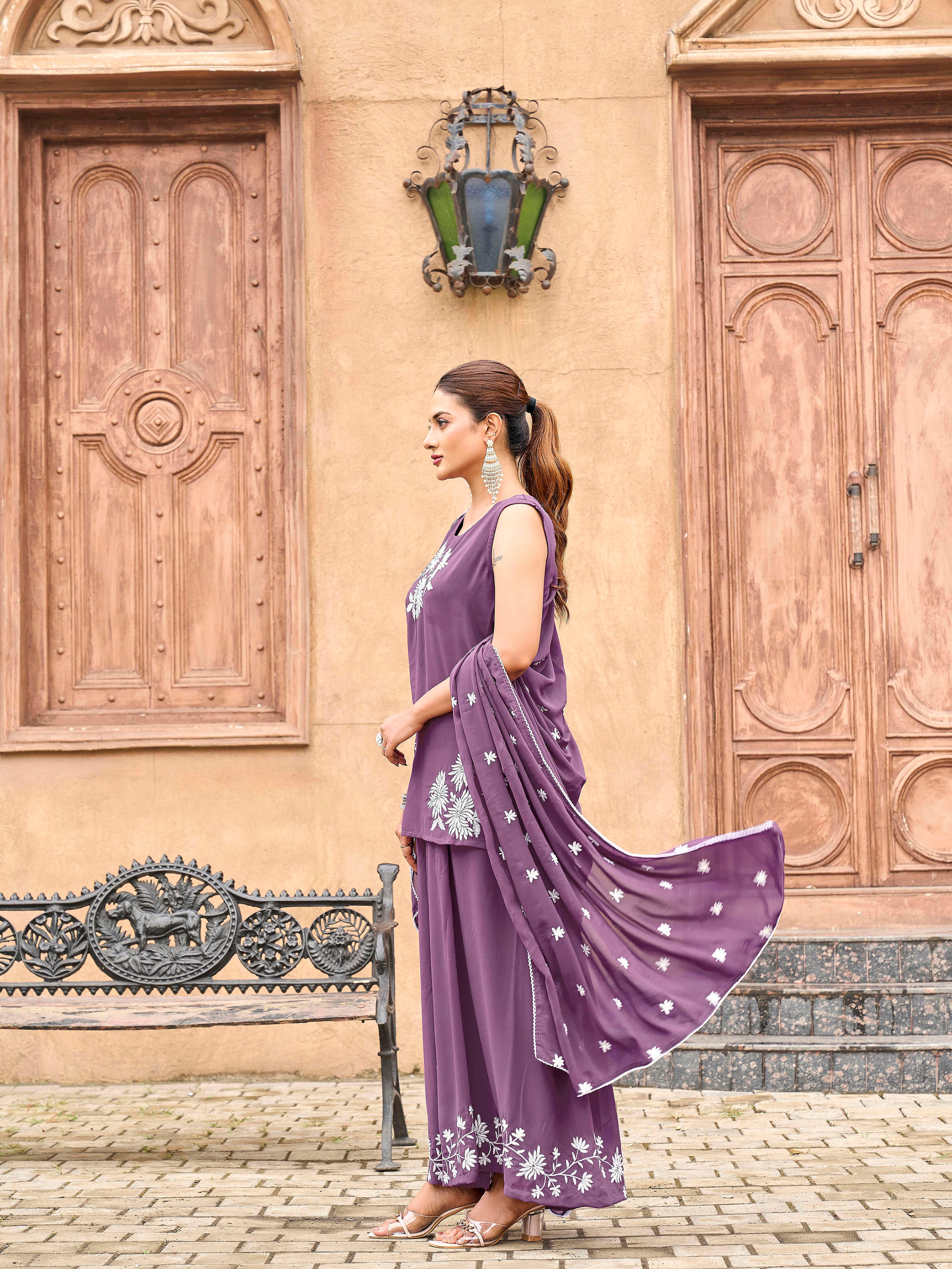 Mauve color georgette with off white thread embroidered kurta & palazzo with dupatta set 