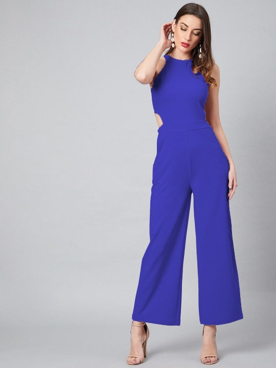 Blue Halter Neck Cut-Out Detailed Jumpsuit
