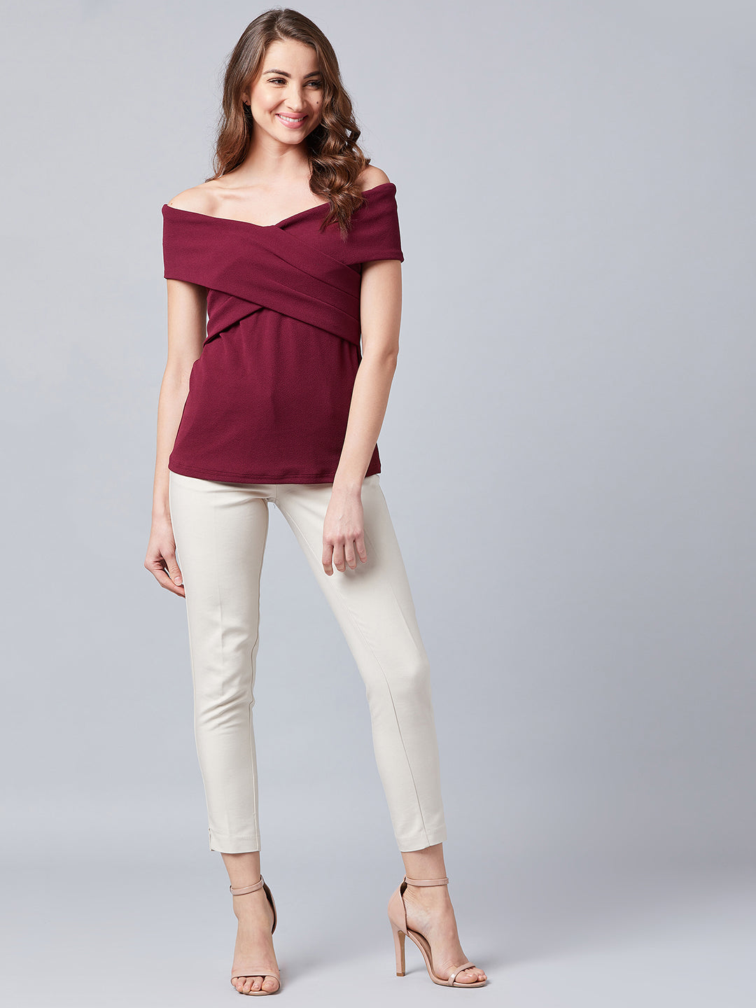 Burgundy Pleated Bardot Top