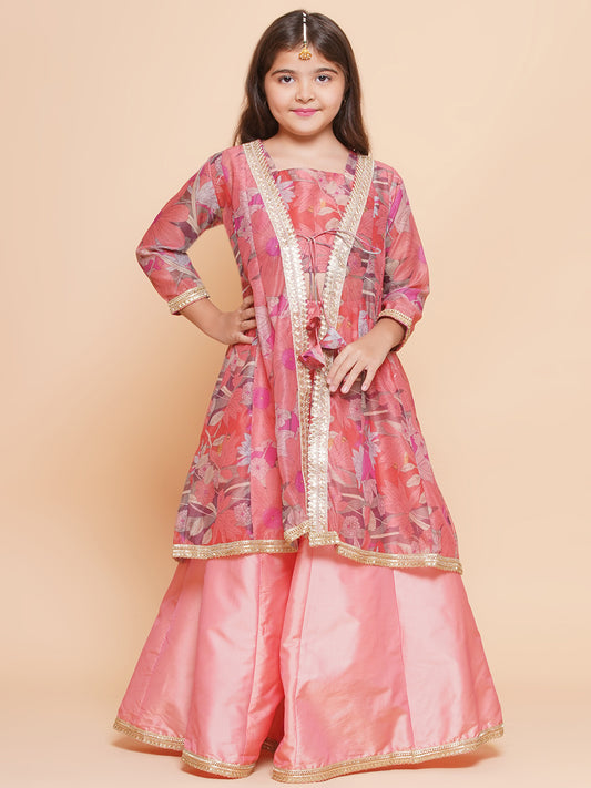 Girls Peach Floral Printed Shrug & Blouse With Ready to Wear Lehenga.