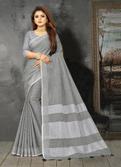 Elegant Peach Woven Linen Saree with Contrast Zari Border & Tassels – Soft & Breathable Party Wear