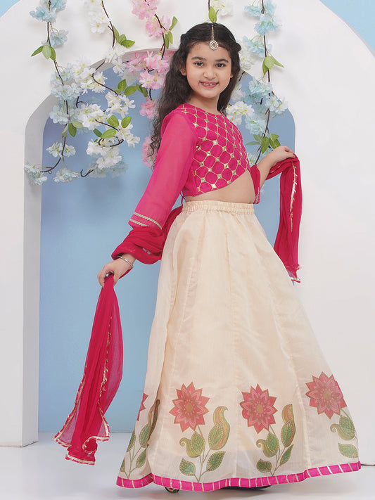 Girls Pink & Beige Flower Printed with Embroidered Choli, Beige Flower Printed Lace work Lehenga with Dupatta