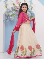 Girls Pink & Beige Flower Printed with Embroidered Choli, Beige Flower Printed Lace work Lehenga with Dupatta